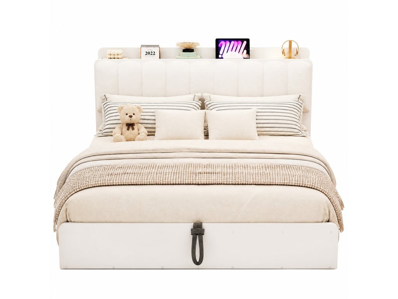  Lit coffre 180x 200 cm, doté de tête de lit multifonction usb et espace de rangement en bois et mdf blanc sans matelas  - Conforama A