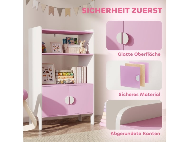  Bibliothèque enfant 60 x 35 x 100 cm rose et blanche en bois, 2 étagères, 2 placards, kit anti-basculement  - Conforama D