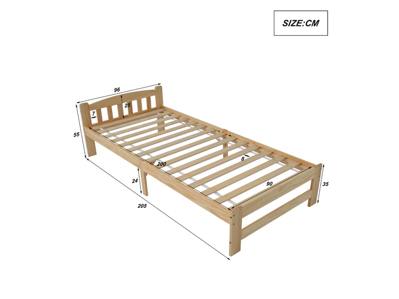  90x200 cm lit enfant capitonné avec tête de lit, lit simple en bois massif avec sommier à lattes, lit simple, couleur naturelle  - Conforama R