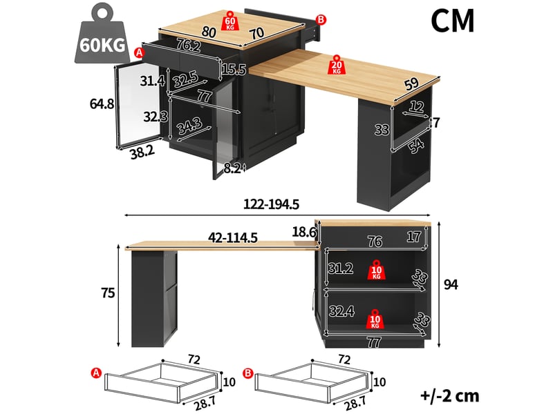  Îlot de cuisine extensible, 122 × 59 × 94 cm, 2 portes et 2 tiroirs, mdf, noir, plateau extensible de 122 à 194,5 cm  - Conforama C