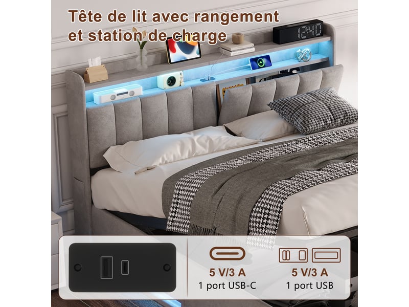  Lit 140x190 avec sommier, led et ports usb, rangement hydraulique + rangement tête de lit, velours gris, style moderne  - Conforama E