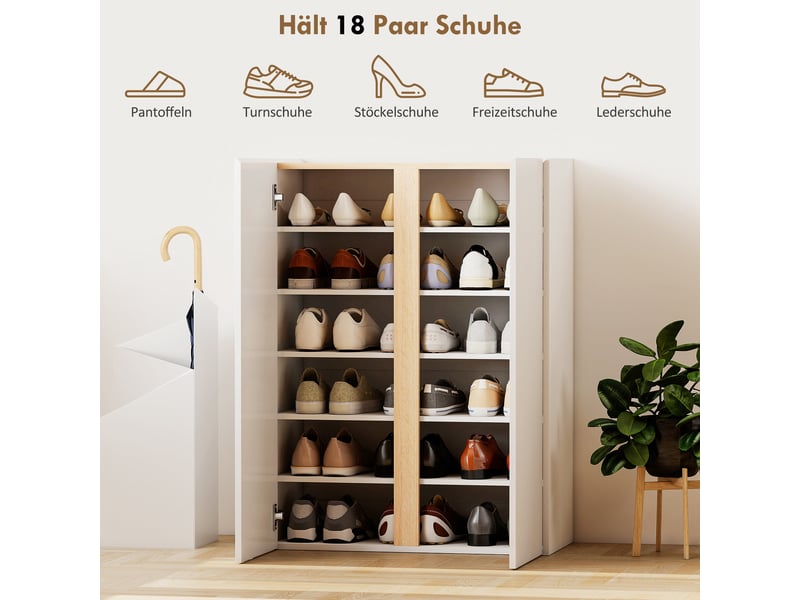 Meuble à chaussures à fermeture amortie avec design à 6 niveaux sans poignées pouvant contenir jusqu'à 18 paires pour entrée en bois blanc - Conforama E
