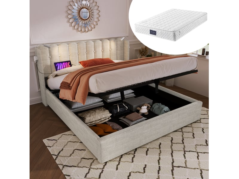 Lit double avec rangement, liseuses et ports usb 140 x 200 cm beige naturel - Conforama B