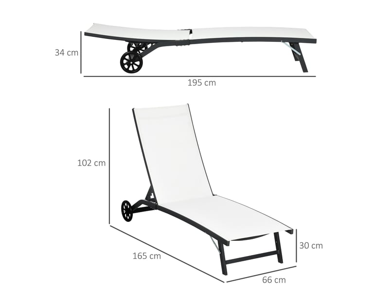  Ensemble de 2 chaises longues avec dossier inclinable, en aluminium et tissu respirant, 66 x 165 x 102 cm, couleur crème  - Conforama D