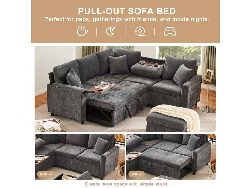  Canapé d'angle convertible en chenille, gris 4 places avec pouf coffre, lit avec ports usb et table rabattable pour salon et chambre  - Conforama E