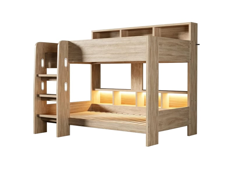  Lit superposé 2 places 90 x 200 cm avec rangements et barrière de sécurité, échelle large avec led et prises, en bois naturel avec étagères  - Conforama D