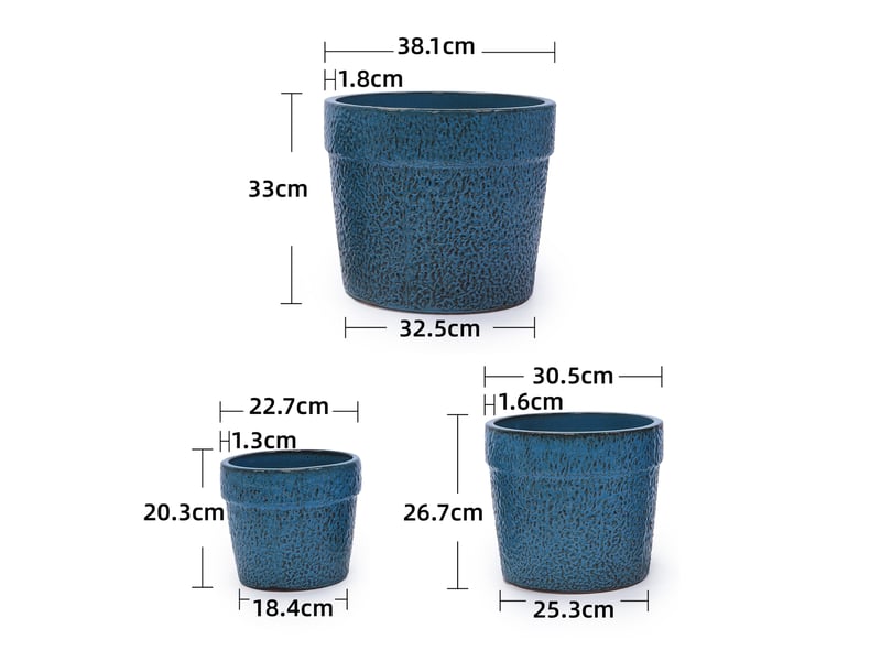  Lot de 3 pots de fleurs en céramique ø 38,130,522,9 cm – bleu antique – trou de drainage intégré  - Conforama C