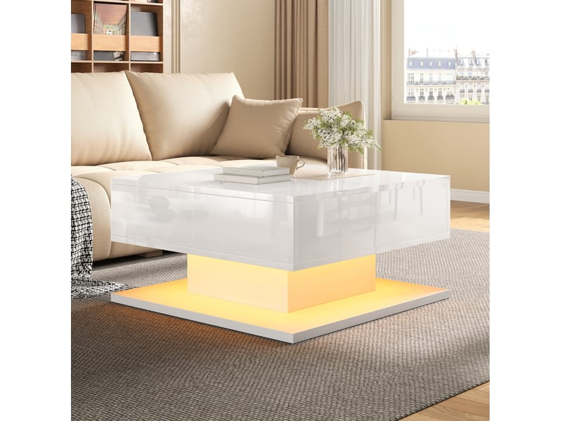  Table basse multifonctionnelle blanche – plateau relevable, rangements, led contrôlée par application – 72 x 72 cm  - Conforama C