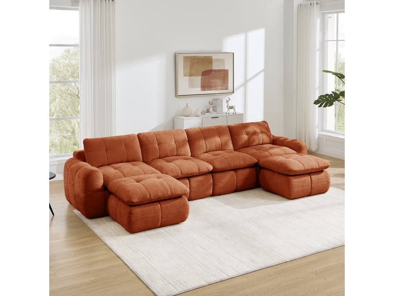  Canapé fixe, droit, modulaire, en tissu chenille, orange 334x160x68cm - Conforama C