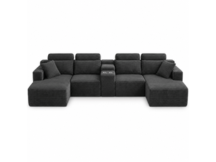 Canapé panoramique modulable compressé 6 places 372x151x80 cm, forme u, 2 porte-gobelets, sans structure, velours côtelé gris foncé