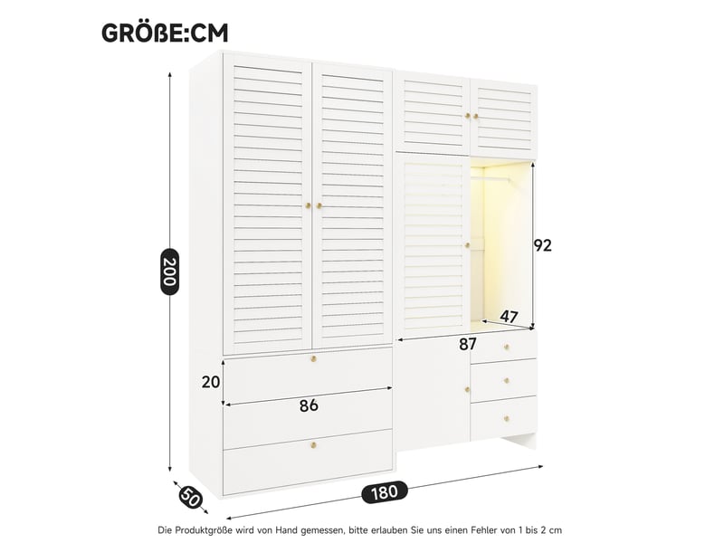  Armoire dressing modenvie 180 x 50 x 200 cm blanche avec éclairage led, 2 tringles, panier à linge et 6 tiroirs  - Conforama C
