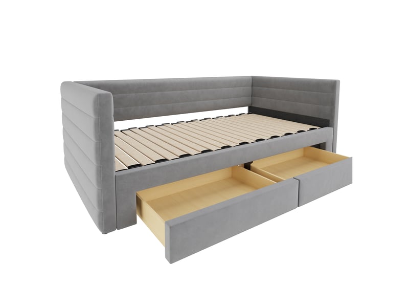Lit rembourré 3 en 1, canapé-lit extensible 90 x 190 cm, lit multifonctionnel avec tiroirs, convertible en lit simpledouble avec sommier à lattes, coton et lin, gris (matelas non inclus) - Conforama E
