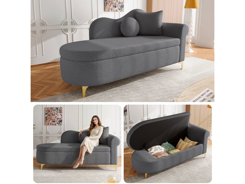  Méridienne canapé 134 cm avec coffre de rangement, chaise longue moderne avec coussins, dossier nuage et tissu bouclé - gris  - Conforama B