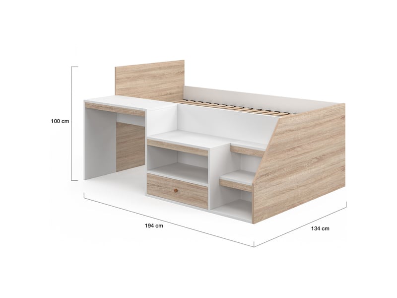Lit combiné avec sommier, bureau et rangement leopold 90 x 190 cm hêtre et blanc  - Conforama D