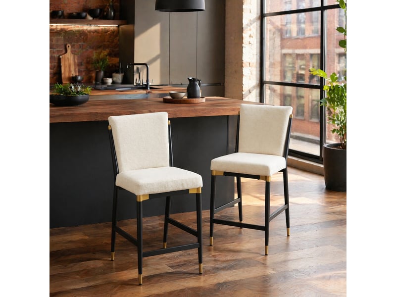  Tabourets de bar 59x49x102 cm lot de 2, style scandinave, repose-pieds rectangulaire, métal et tissu, beige et noir  - Conforama B