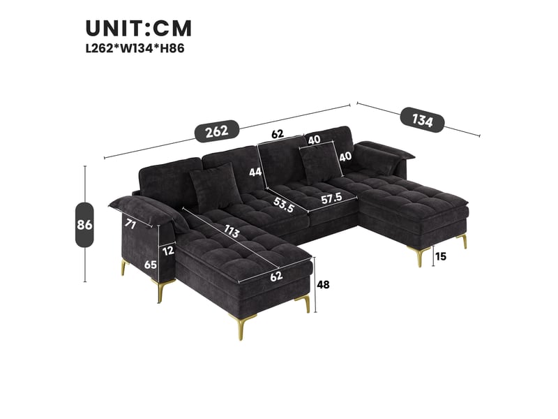  Canapé d’angle en u 4 places noir, chenille, 2 méridiennes, double rembourrage, 2 coussins, pieds métal dorés  - Conforama B