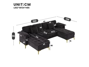 Canapé d’angle en u 4 places noir, chenille, 2 méridiennes, double rembourrage, 2 coussins, pieds métal dorés