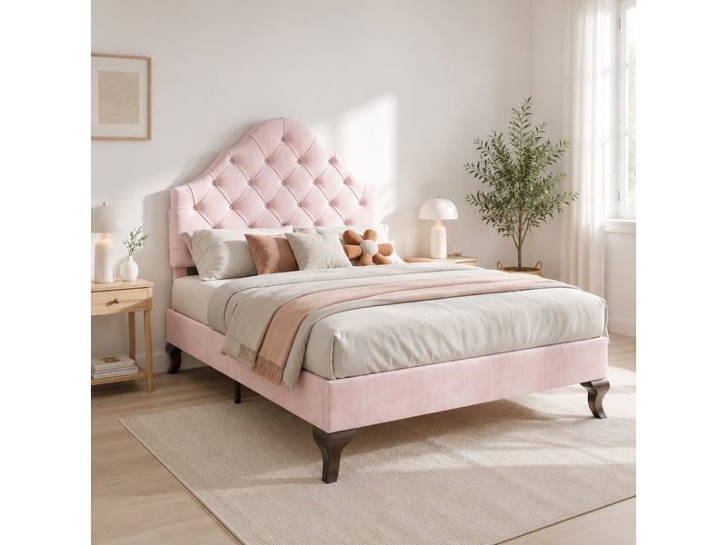 Lit simple capitonné 90x200 cm en velours rose avec tête de lit réglable - Conforama B