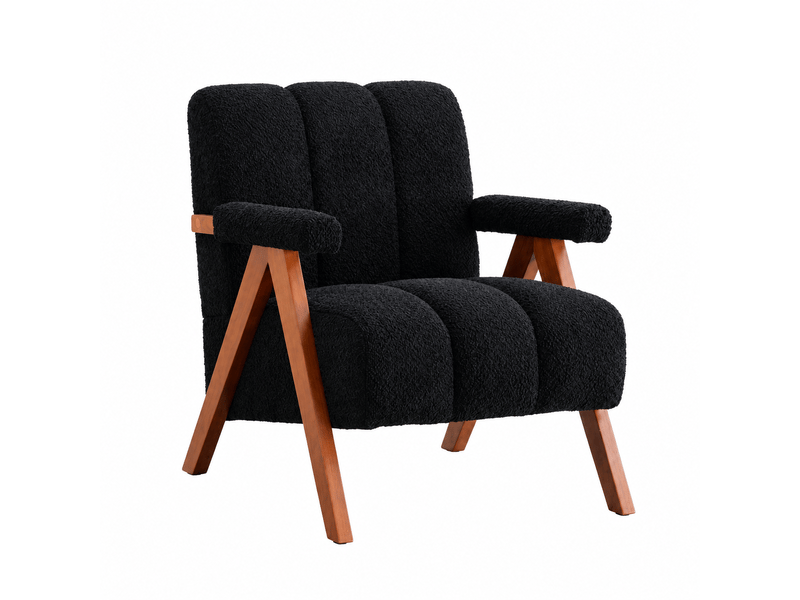  Fauteuil d'appoint noir en tissu bouclette, structure en bois, avec accoudoirs  - Conforama A