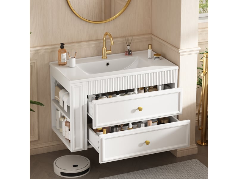  Meuble vasque mural 76x46x55 cm, meuble salle de bain avec led, porte en verre cannelé, tiroirs et étagères réglables, mdf, blanc Bliss Lite - Conforama B