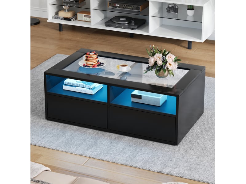  Table basse avec 2 tiroirs, 2 niches ouvertes, led et plateau en verre trempé pour salon, noir, 100 × 50 × 35 cm  - Conforama B