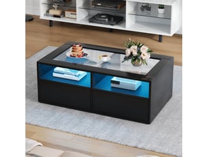 Table basse avec 2 tiroirs, 2 niches ouvertes, led et plateau en verre trempé pour salon, noir, 100 × 50 × 35 cm