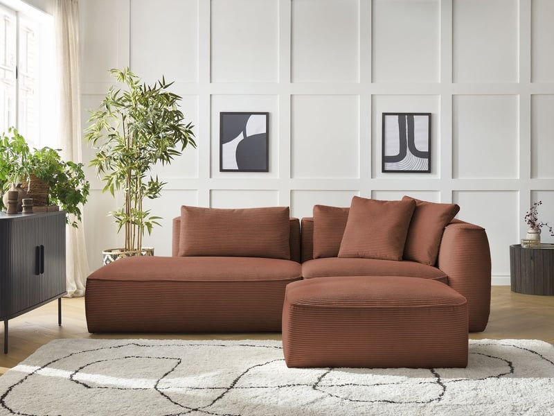  Bobochic canapé droit fixe 3 places leopold velours côtelé avec pouf orange  accoudoir droit LEOPOLD - Conforama C