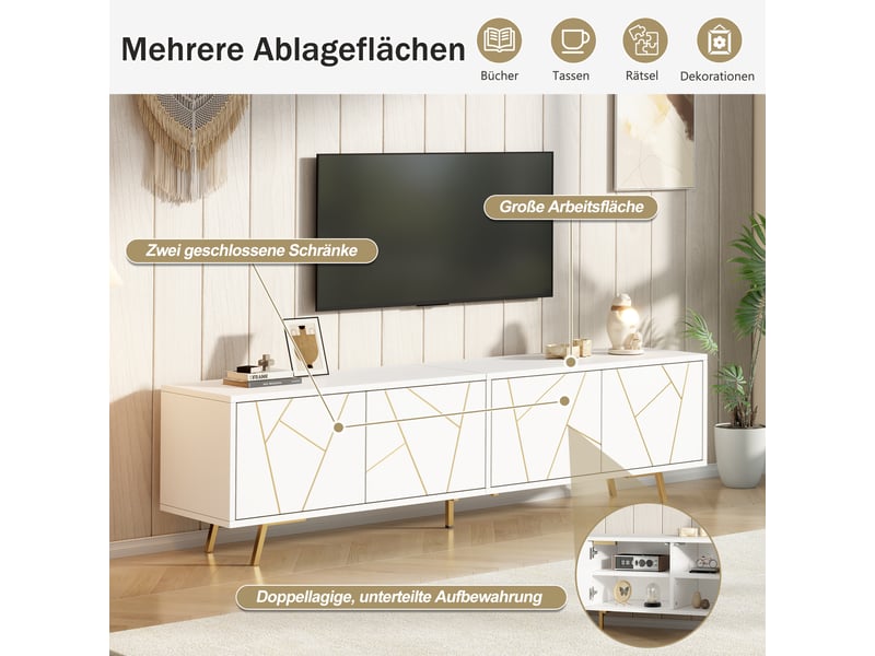  Meuble tv 190 x 40 x 51,5 cm – 4 portes et 5 pieds métal – jusqu’à 85 pouces – blanc et doré  - Conforama C