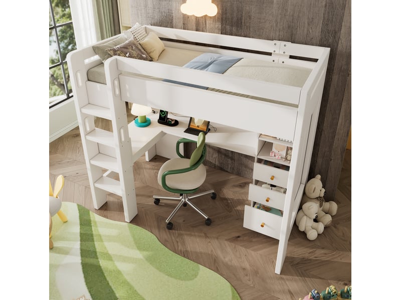 Lit mezzanine enfant 90x200 cm avec bureau en l, rangements et usb, blanc - Conforama D