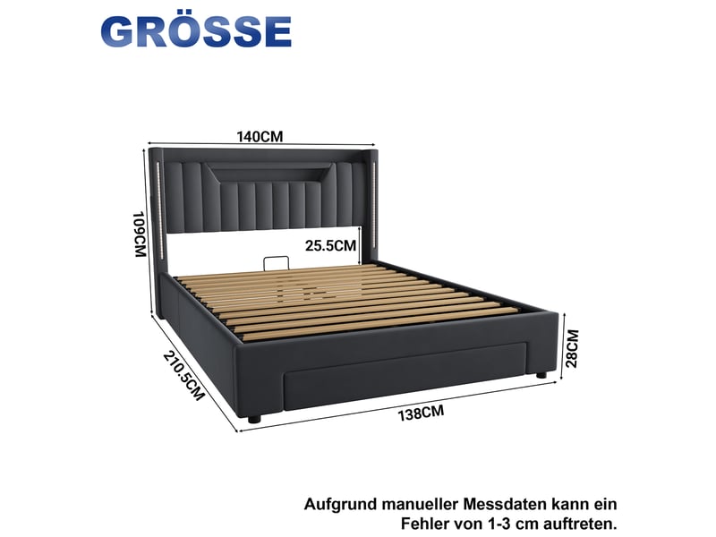  Lit coffre 140x200 cm led avec tiroirs, charge et rangement, velours gris (sans matelas)  - Conforama C