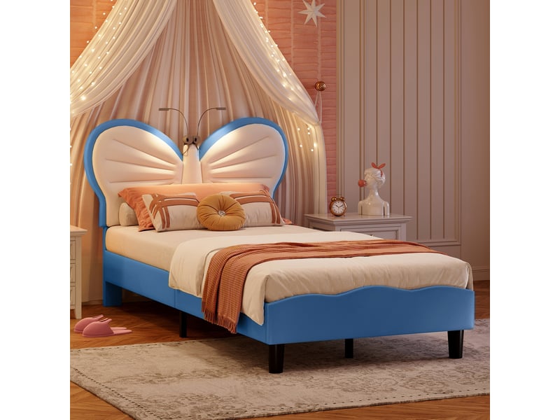  Lit enfant 90x190 avec liseuse, lits 1 personne avec tête de lits réglable en hauteur en forme de papillon, lit capitonné pour fille adolescent, velours, sans matelas (blanc + bleu)  - Conforama B