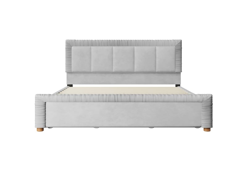  Lit rembourré 180 x 200 cm en velours français, avec deux tiroirs de rangement et surpiqûres verticales décoratives, coloris gris  - Conforama A