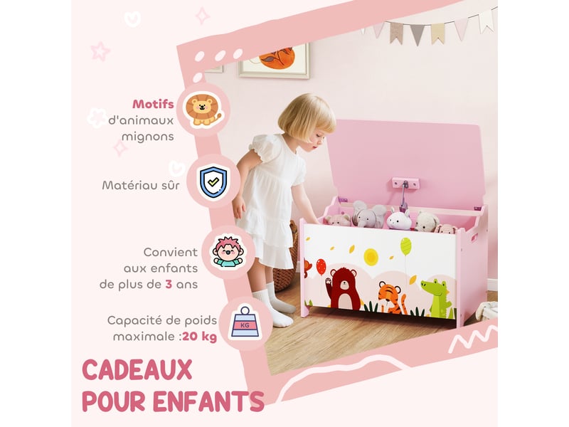  Coffre à jouet enfant coffre de rangement enfant couvercle rabattable motif animal rose 60 x 37 x 39 cm  - Conforama W