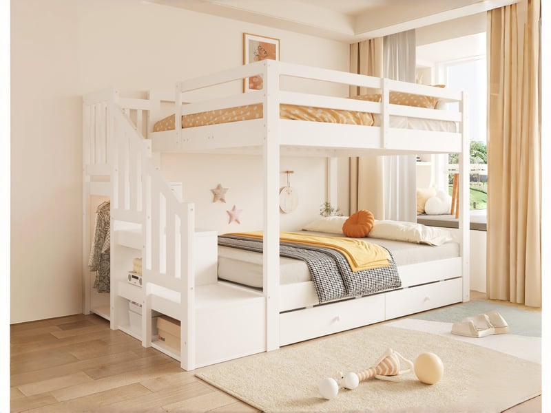  Lit superposé en bois 140 x 200 cm, avec échelle de rangement, portant simple, grille de sécurité et tiroir de rangement, blanc  - Conforama B