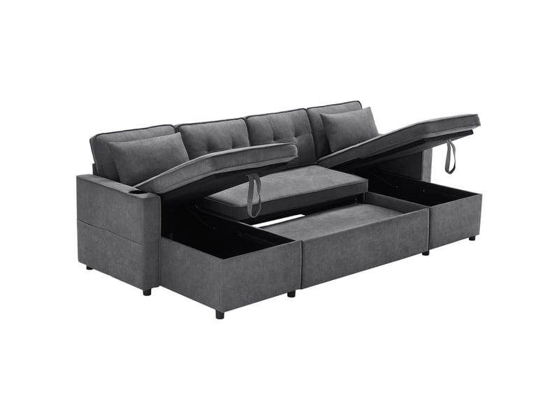 Canapé convertible u 4 places 270x130 cm – gris – rangement bilatéral, porte-gobelets et coussins intégrés - Conforama D