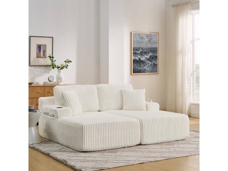  Canapé convertible, canapé-lit – 2 places, beige, porte-gobelets, poches latérales, en velours tricoté  - Conforama A