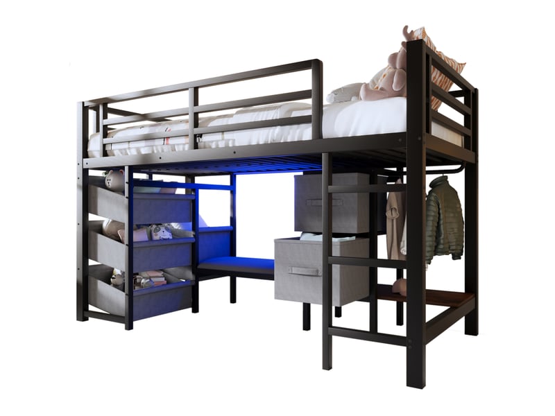 Lit mi-hauteur tcqpz 90 x 200 cm en métal noir avec coussin, éclairage led multicolore, rangements et zone de suspension - Conforama A