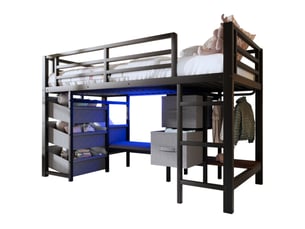 Lit mi-hauteur tcqpz 90 x 200 cm en métal noir avec coussin, éclairage led multicolore, rangements et zone de suspension