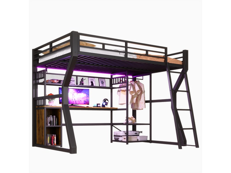  Lit mezzanine 140 x 200 cm, cadre en métal, led, prise, bureau, penderie, rangements, sans matelas, noir  - Conforama A