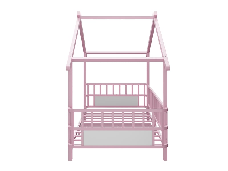  Lit enfant cabane avec garde-corps, métal rose, 90 x 200 cm, toit et cadre décoratif  - Conforama D
