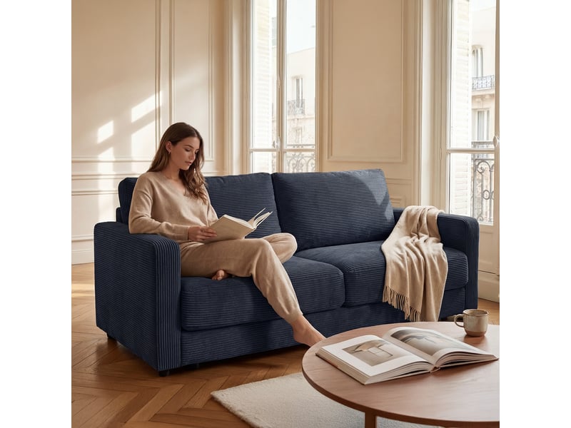  Canapé droit velours côtelé bleu foncé venezia 3 pl 3CA56.CA.3D.15 - Conforama C