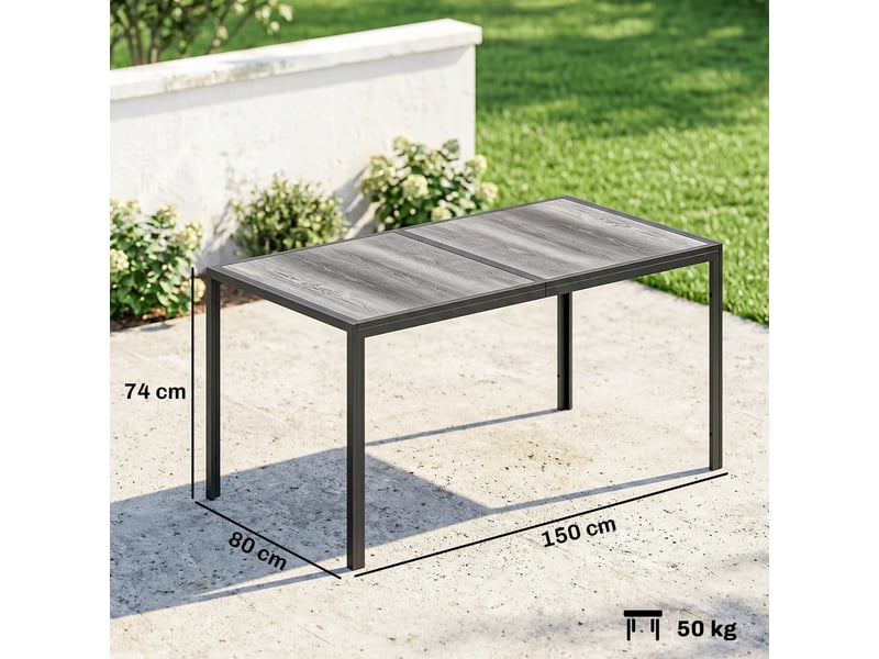  Table de jardin pour 4 à 6 personnes avec plateau imitation bois, en acier et plastique pspc, 150 x 80 x 74 cm, gris et noir  - Conforama E