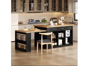 Îlot de cuisine fixe avec table à manger coulissante, 6 tiroirs, 3 portes et rangements noir 150 × 90 × 90 cm