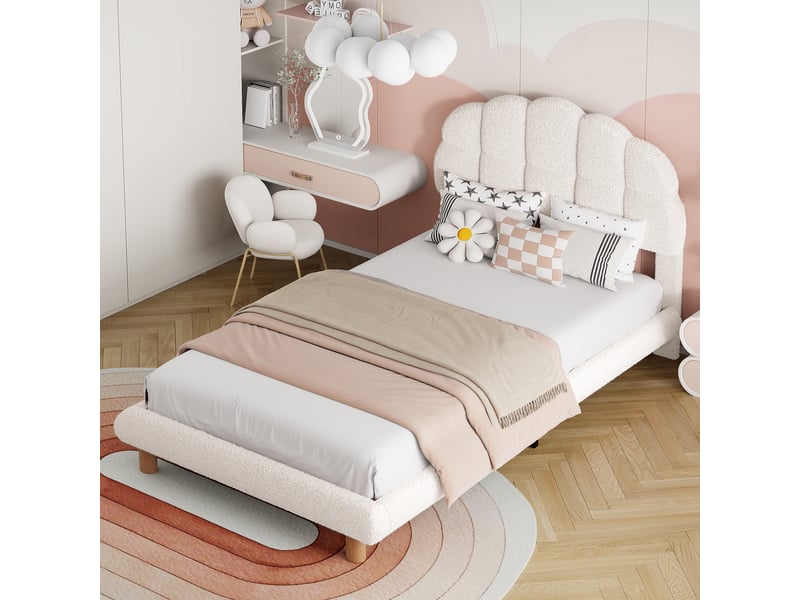 Lit enfant simple 90x200 cm avec tête de lit semi-circulaire réglable et sommier à lattes, tissu non tissé blanc, sans matelas - Conforama W