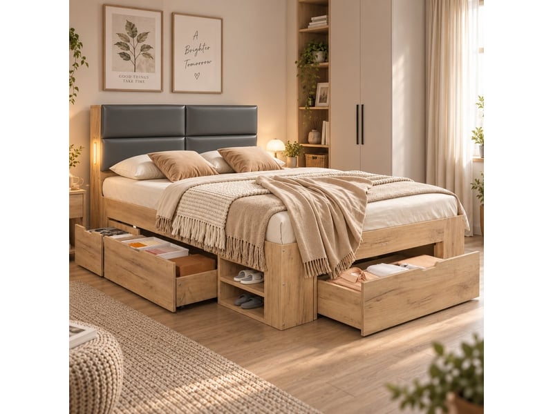  Lit enfant multifonction, 140 x 200 cm, avec port usb et grand espace de rangement, tête de lit rembourrée en pu, couleur naturelle  - Conforama D