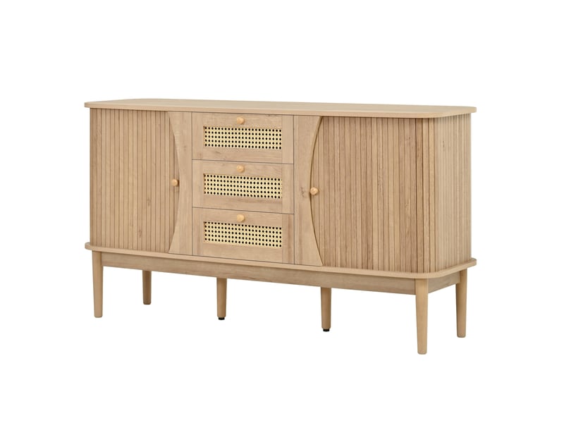  Buffet 141 x 40 x 77 cm avec portes coulissantes et étagères réglables, 3 tiroirs en rotin, mdf et bois, coloris naturel  - Conforama A