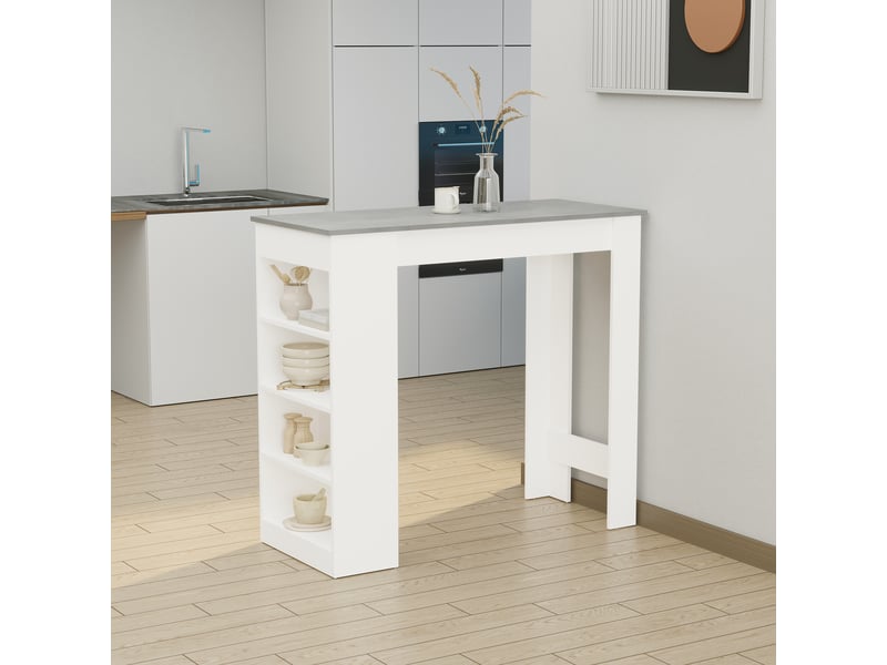  Table de bar pour 2 personnes, table haute mange debout avec 4 étagères ouvertes, 115x50x102,7cm, blanc et gris  - Conforama D
