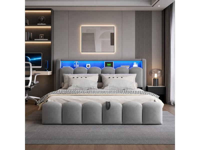 Lit 2 places 180x200 cm – gris – coffre hydraulique, led, usb et type-c, sans matelas  - Conforama B