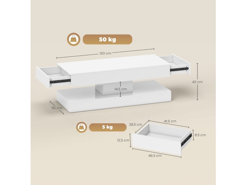 Table basse led avec 2 tiroirs et une niche ouverte, éclairage réglable, blanc brillant, pour salon, 120 × 50 × 42 cm - Conforama E