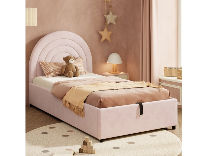  Lit coffre 90x200 cm avec tête de lit, velours, rose, sans matelas  - Conforama B